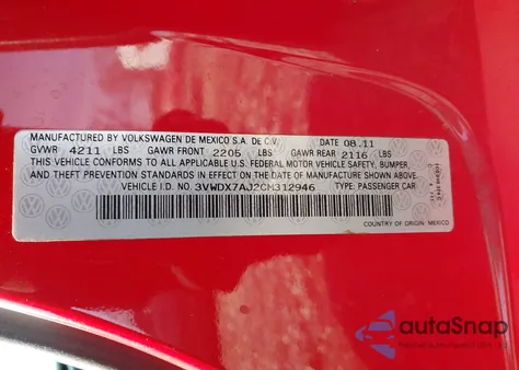 2012 Volkswagen Jetta 2.5L Se z USA, uszkodzony, nr VIN 3VWDX7AJ2CM312946